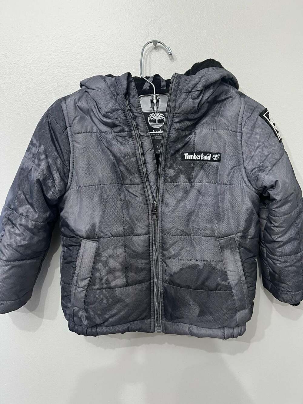 Timberland Puffer Jacket Size 3T Gray Black Hooded Winter Coat